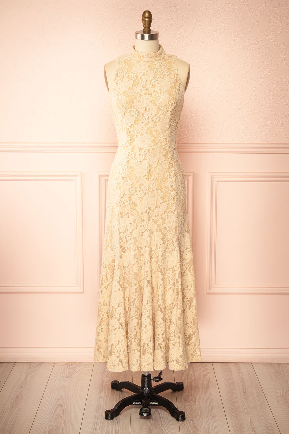 Josephine | Beige Sleeveless Lace Midi Dress