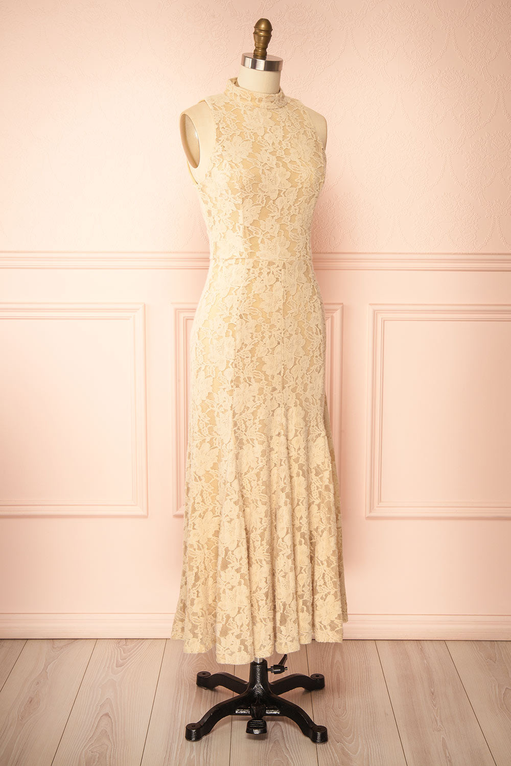 Josephine | Beige Sleeveless Lace Midi Dress
