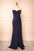 Jovie Navy | Mermaid Mesh Maxi Dress with Corset and Front Slit