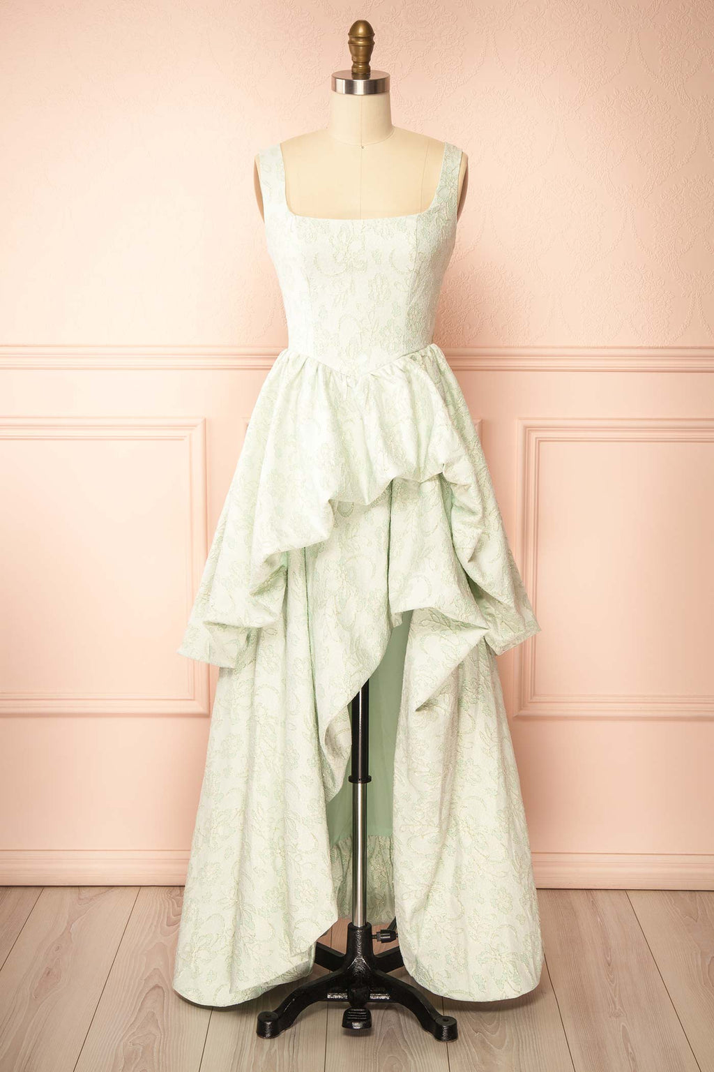 Kaeris | Sage Floral Shimmering Jacquard High-Low Dress