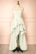 Kaeris | Sage Floral Shimmering Jacquard High-Low Dress
