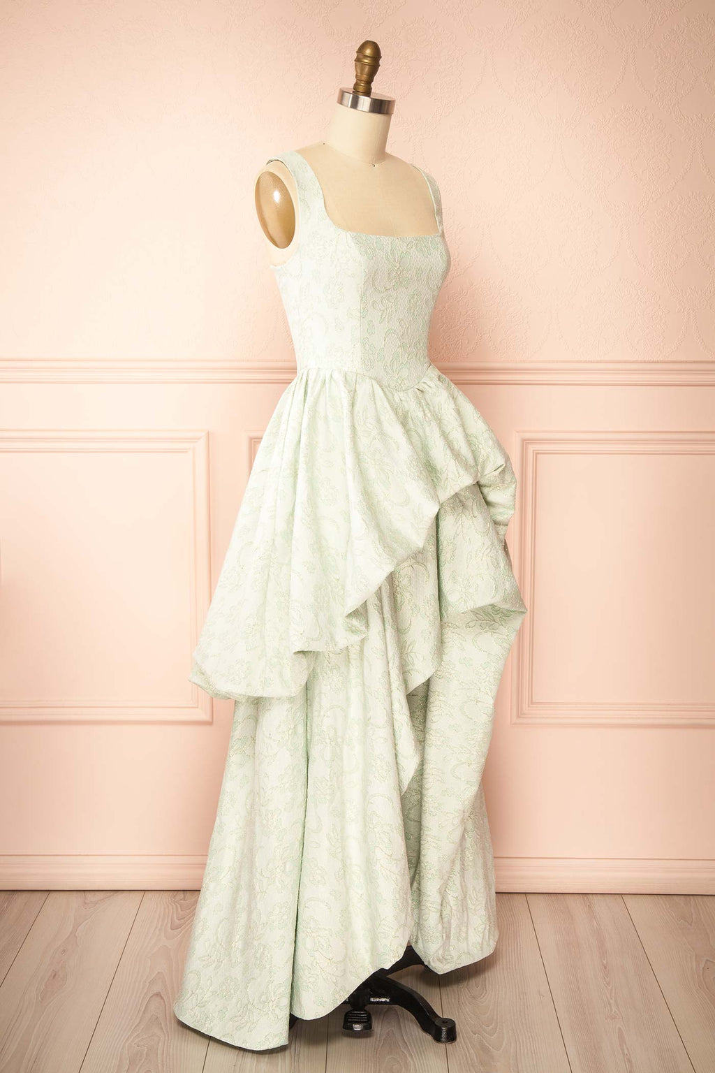 Kaeris | Sage Floral Shimmering Jacquard High-Low Dress