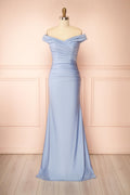 Kailey Light Blue | Satin Off Shoulder Maxi Dress