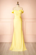 Kailey Light Yellow | Satin Off Shoulder Maxi Dress