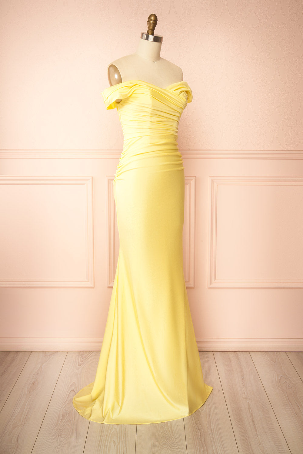 Kailey Light Yellow | Satin Off Shoulder Maxi Dress