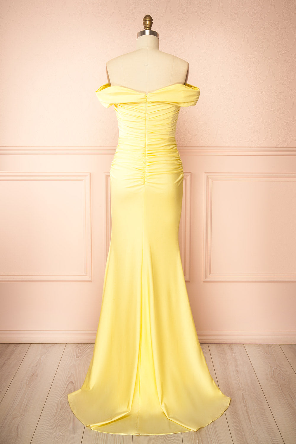 Kailey Light Yellow | Satin Off Shoulder Maxi Dress