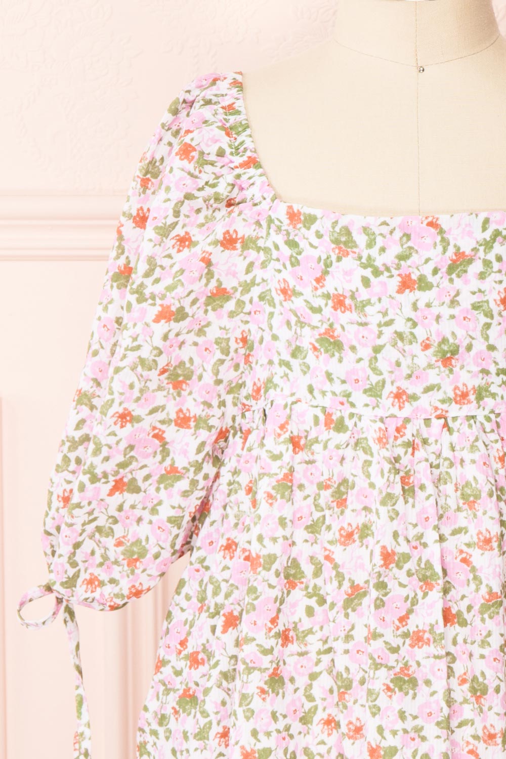 Kalla Mini | Pink 3/4 Puffy Sleeve Short Floral Dress for Kids