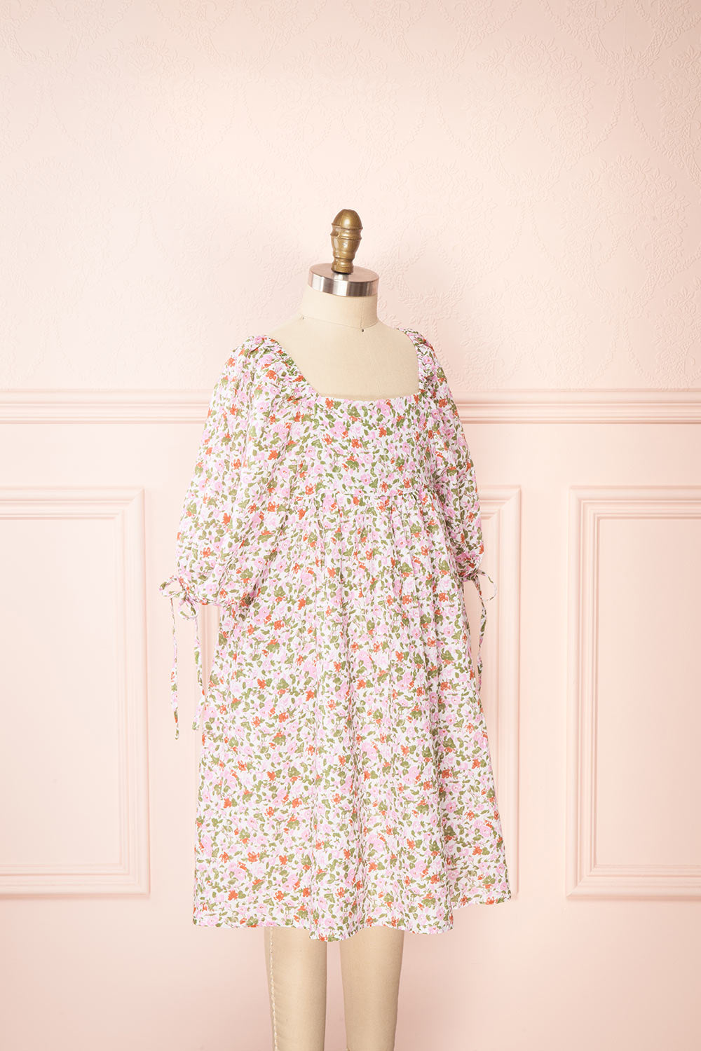 Kalla Mini | Pink 3/4 Puffy Sleeve Short Floral Dress for Kids