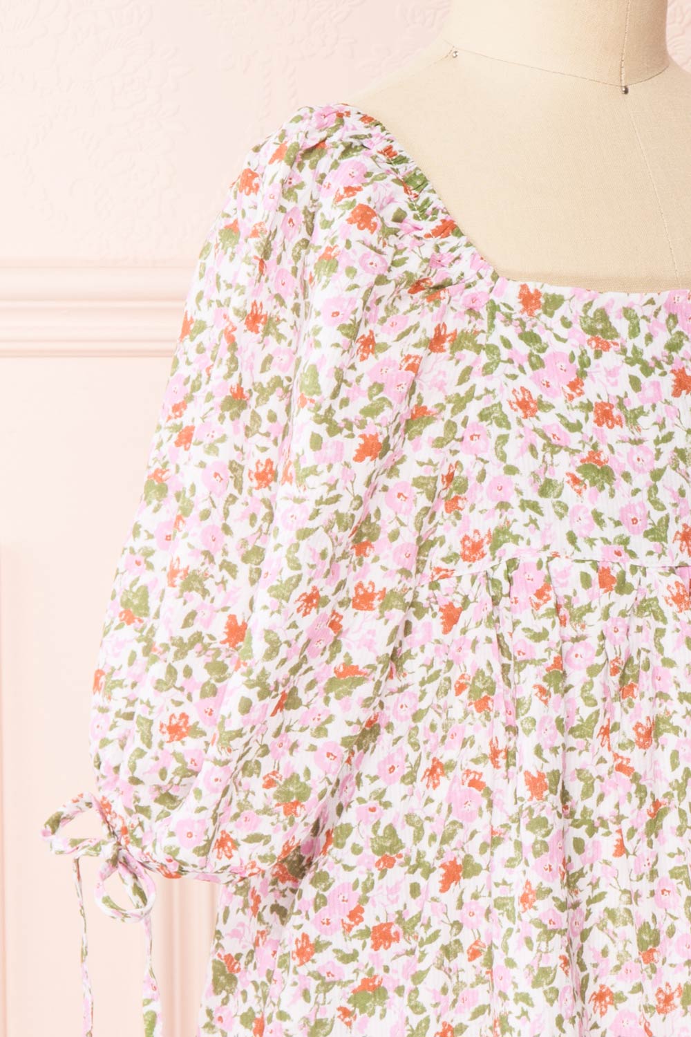Kalla Mini | Pink 3/4 Puffy Sleeve Short Floral Dress for Kids