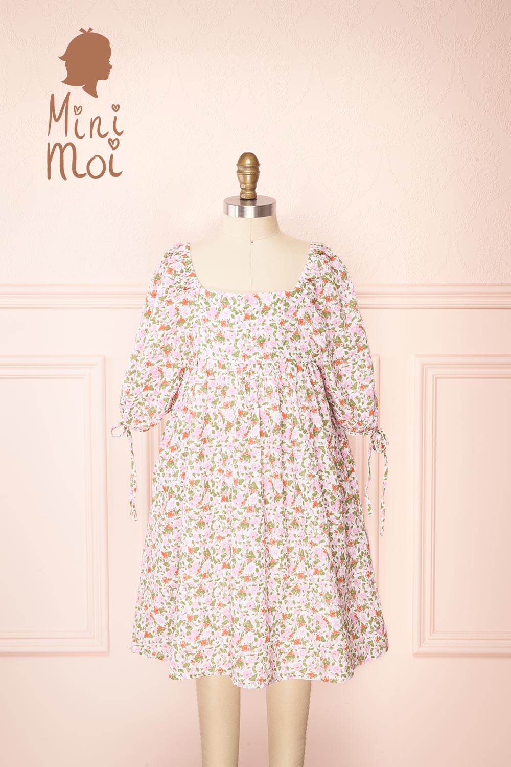 Kalla Mini | Pink 3/4 Puffy Sleeve Short Floral Dress for Kids