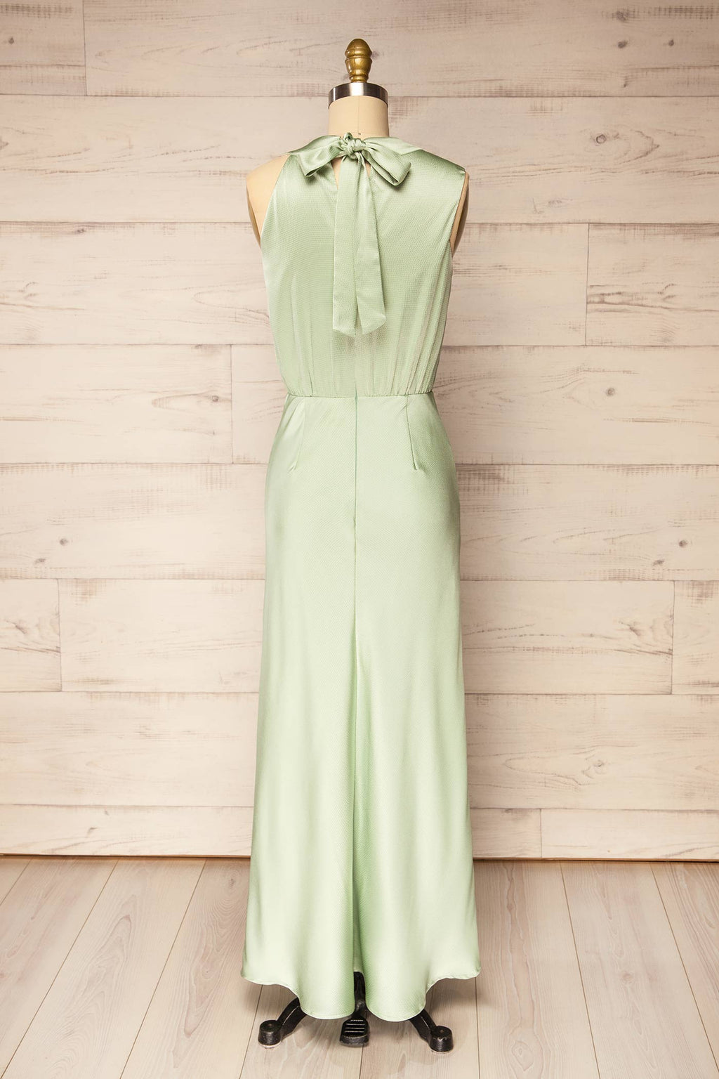 Katye | Draped High Neck Sage Satin Maxi Dress with Back Tie
