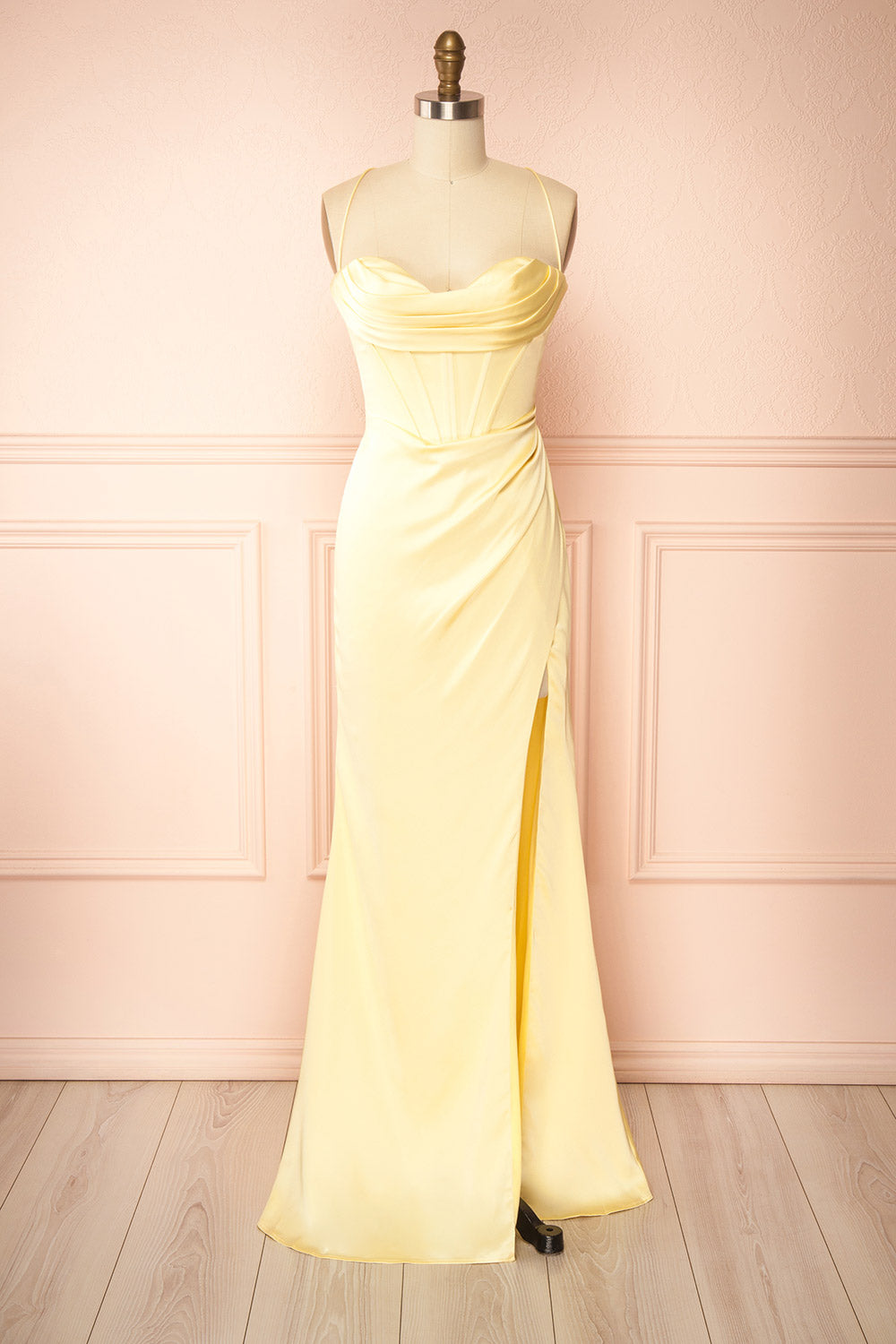 Kesha Light Yellow | Corset Cowl Neck Maxi Dress