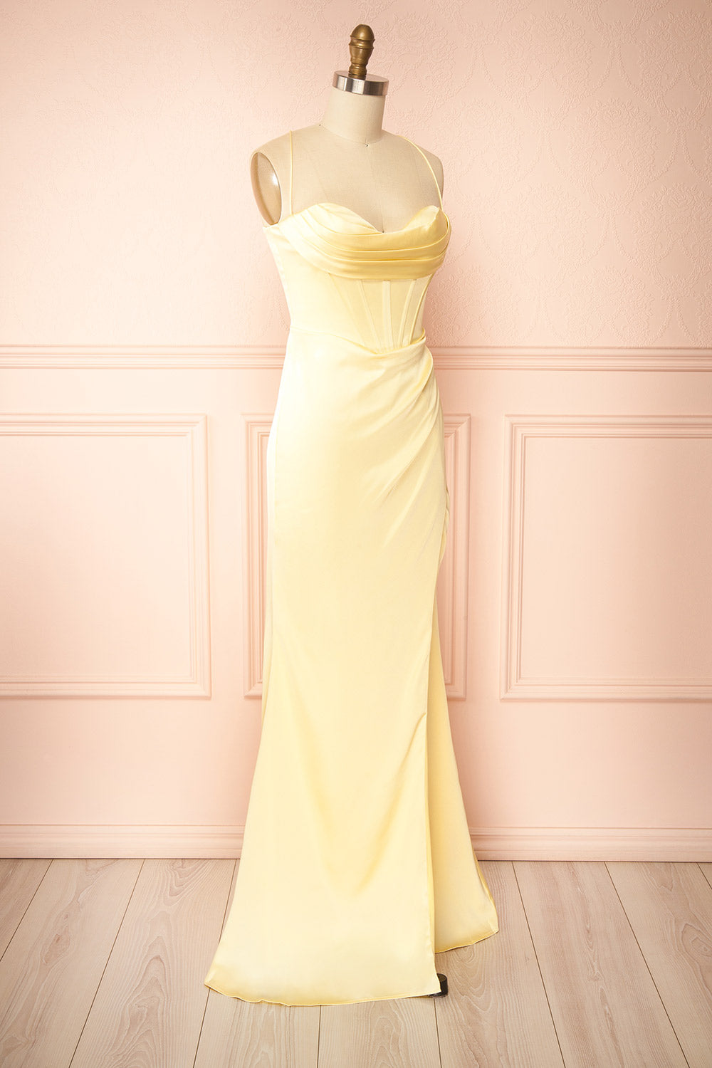 Kesha Light Yellow | Corset Cowl Neck Maxi Dress