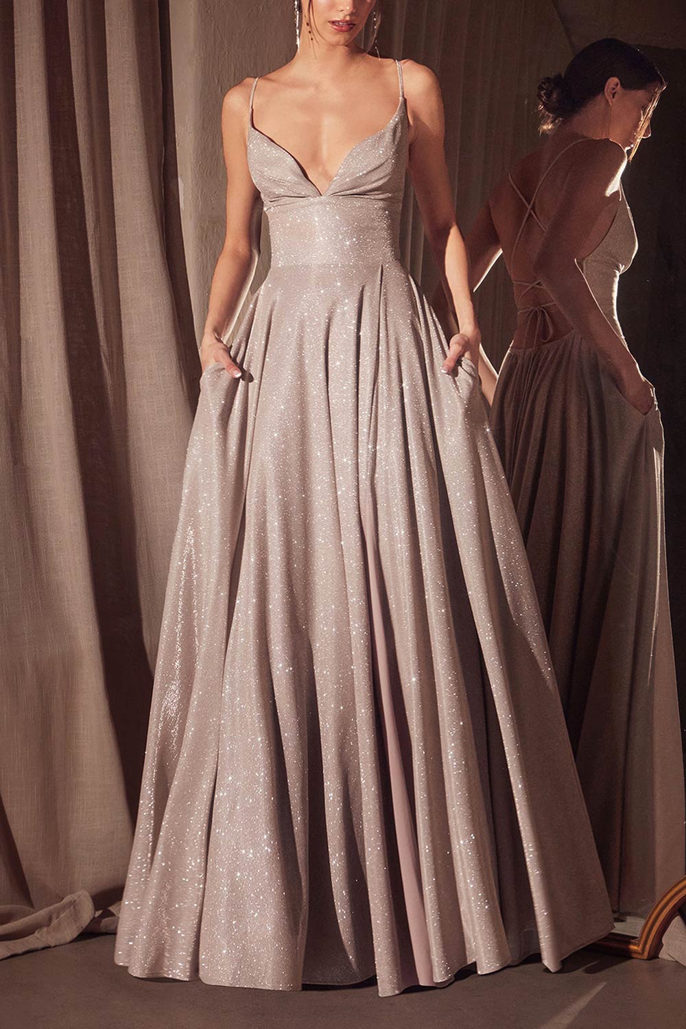 Ketia Champagne | Sparkly Maxi Dress w/ V-Neckline