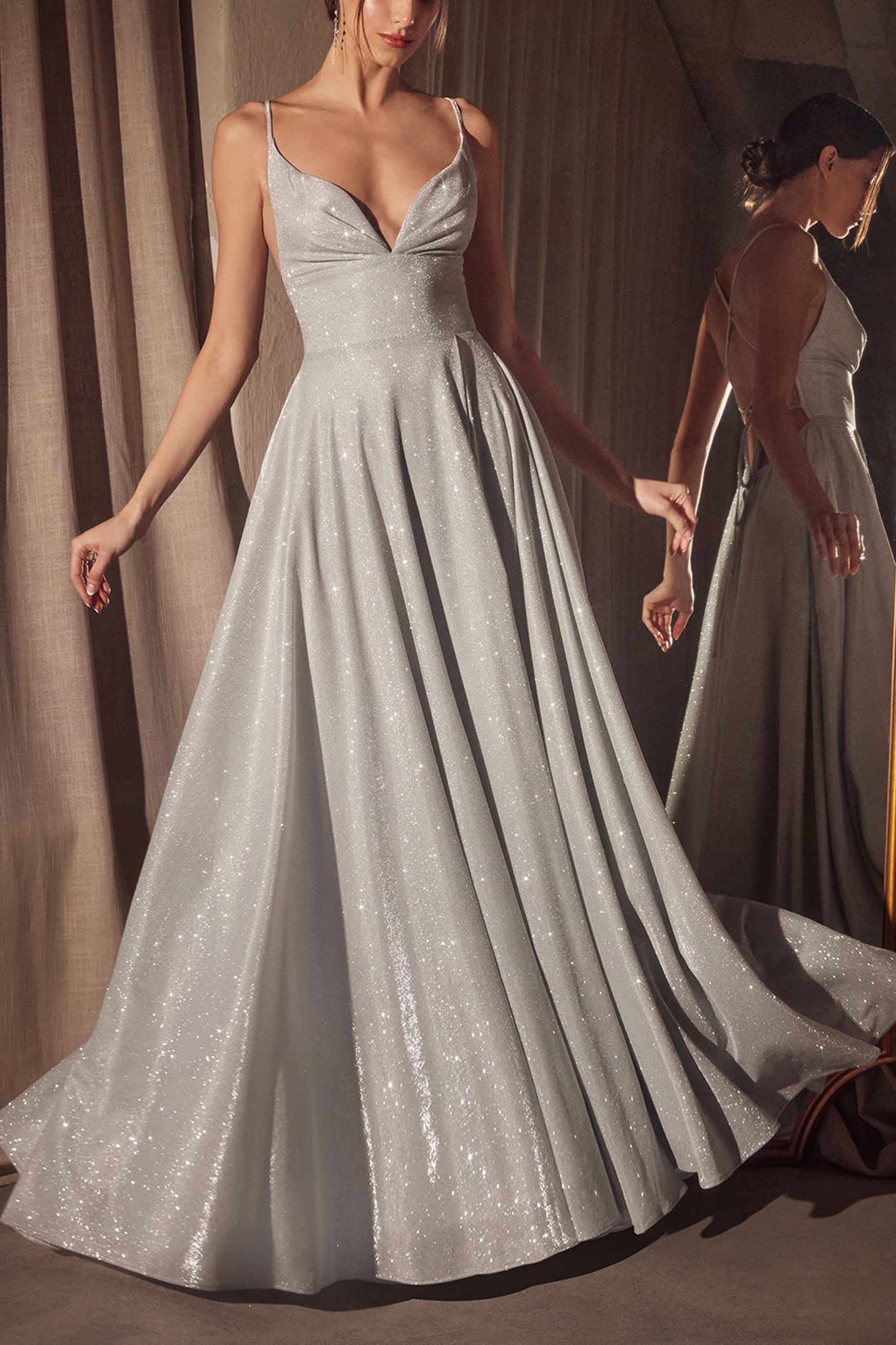 Ketia Silver | Sparkly Maxi Dress w/ V-Neckline