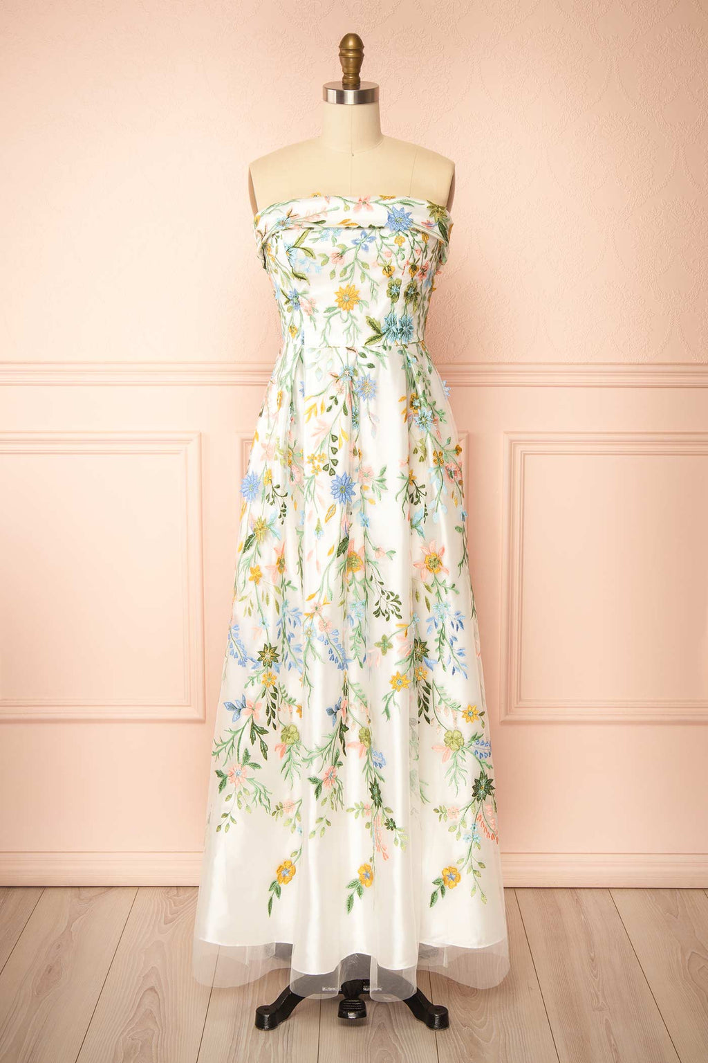 Keziah | Strapless Floral Maxi Gown with Embroidery