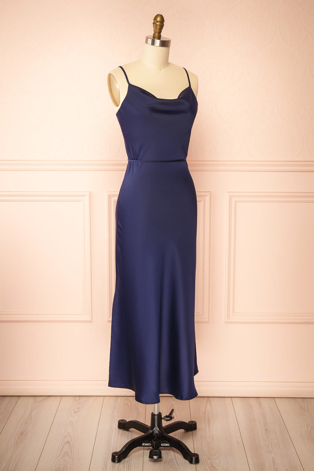 Kirsty | Navy Satin Cowl Neck Midi Slip Dress with Side Slits