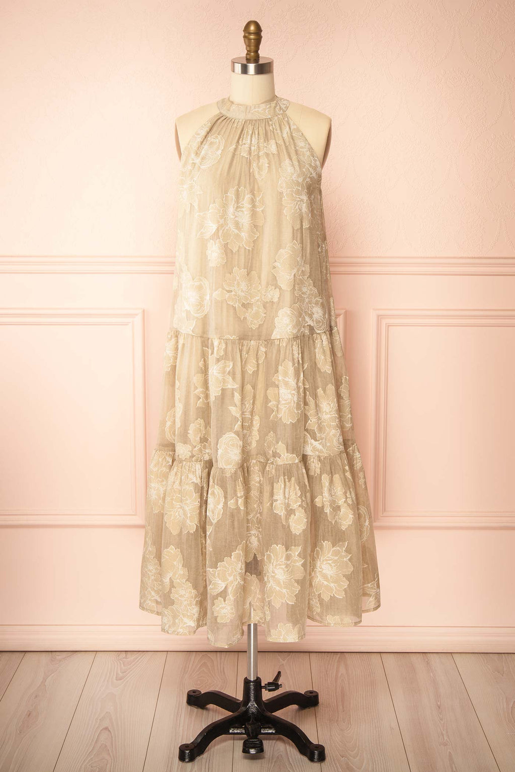 Laurelgrove | Long Halter Neck Floral Beige Dress