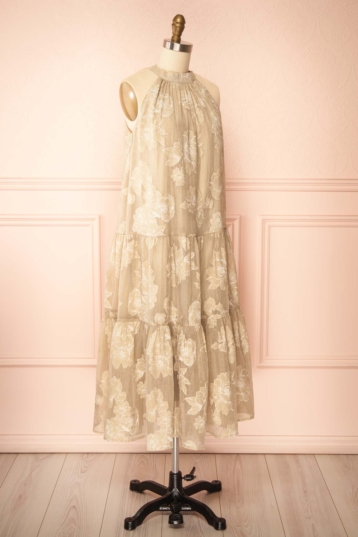 Laurelgrove | Long Halter Neck Floral Beige Dress
