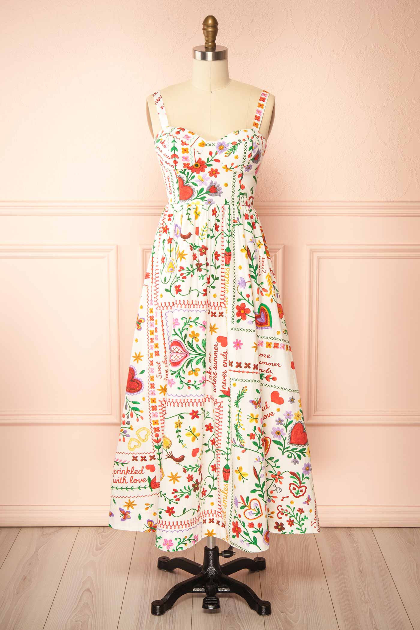 Lauria | White Folk-Art Floral Print Smocked Midi Dress