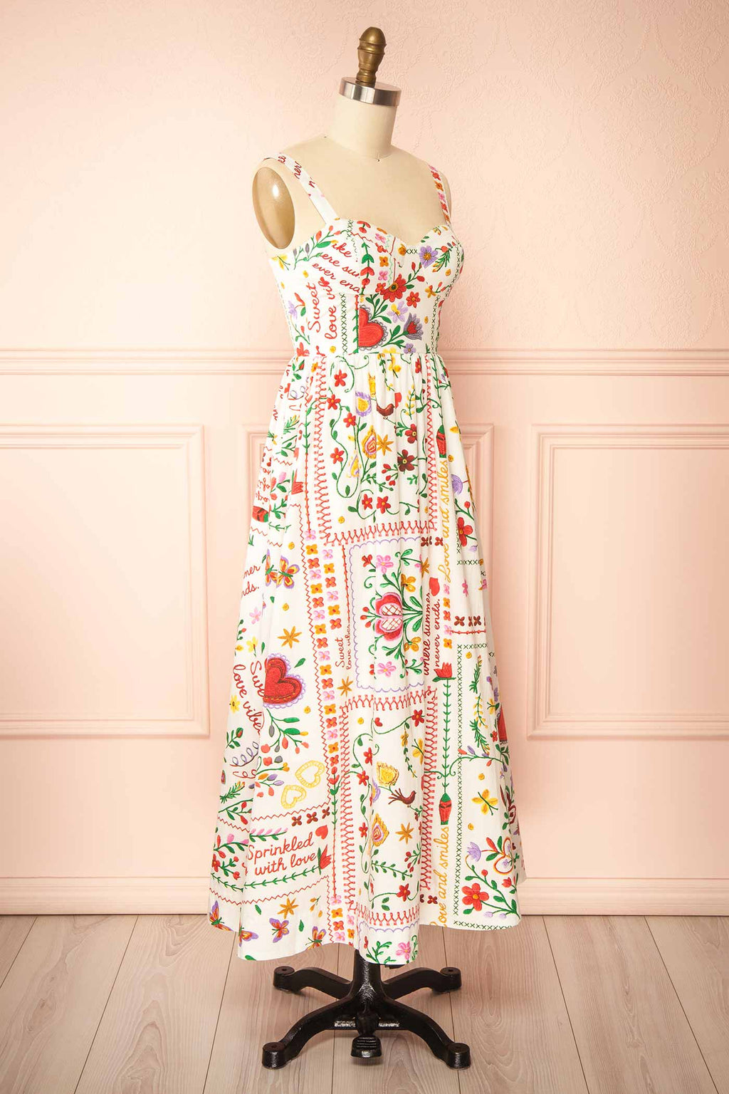 Lauria | White Folk-Art Floral Print Smocked Midi Dress