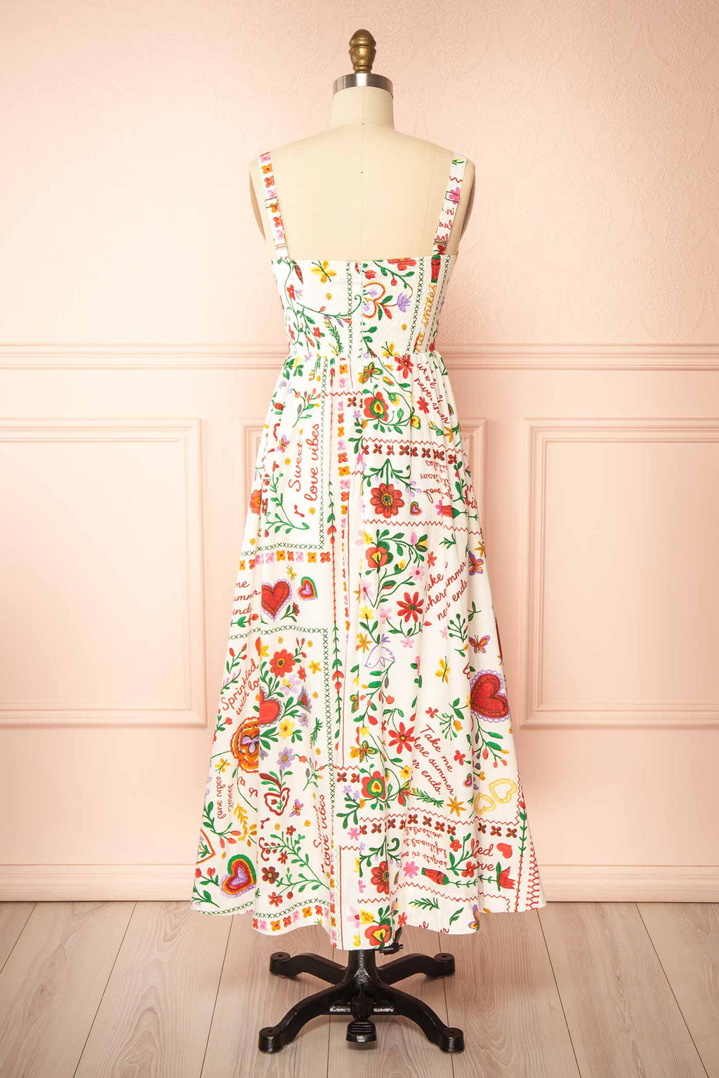 Lauria | White Folk-Art Floral Print Smocked Midi Dress