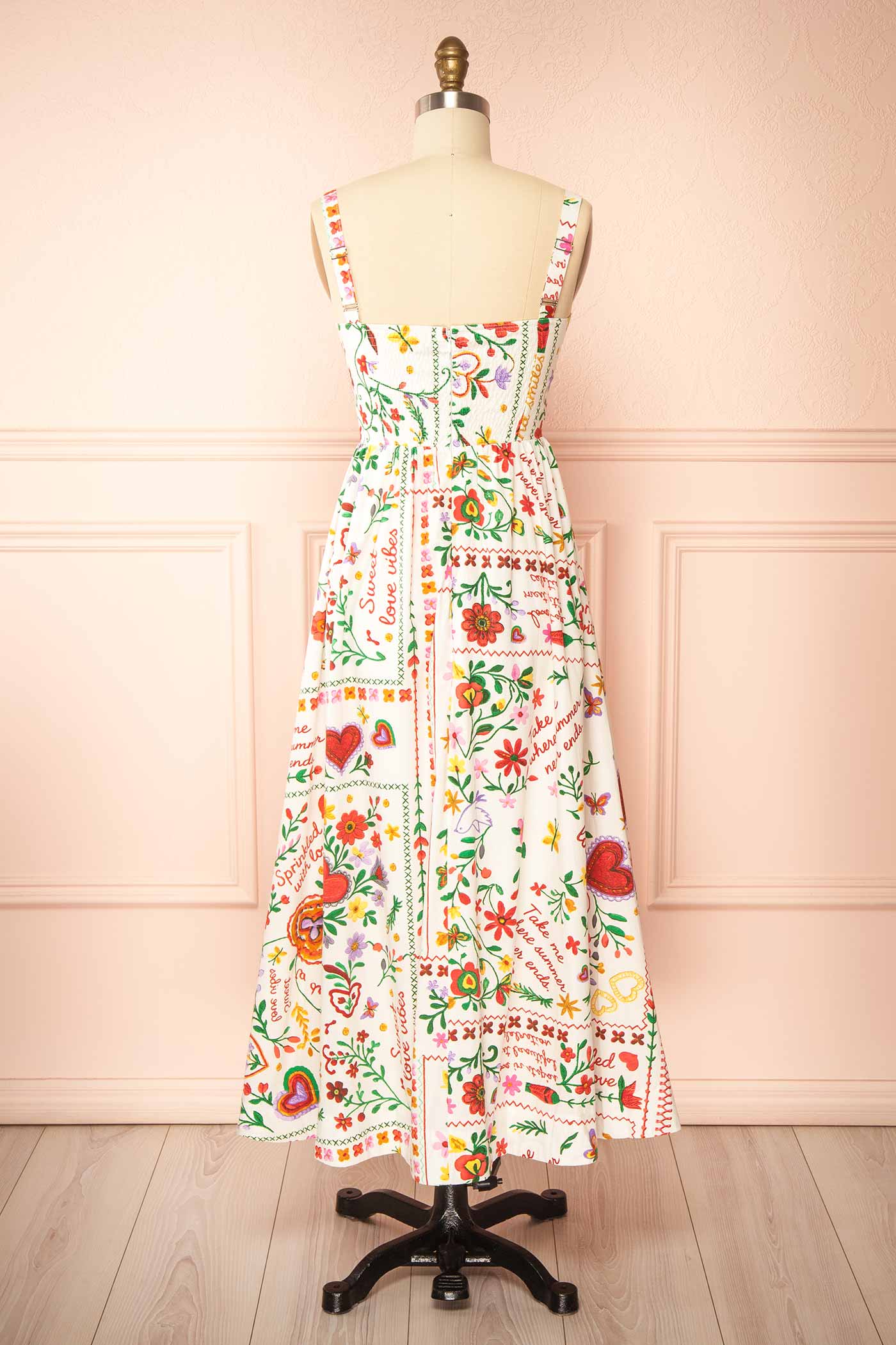Lauria | White Folk-Art Floral Print Smocked Midi Dress