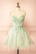 Lettie | Short Floral Green Tulle Corset Dress