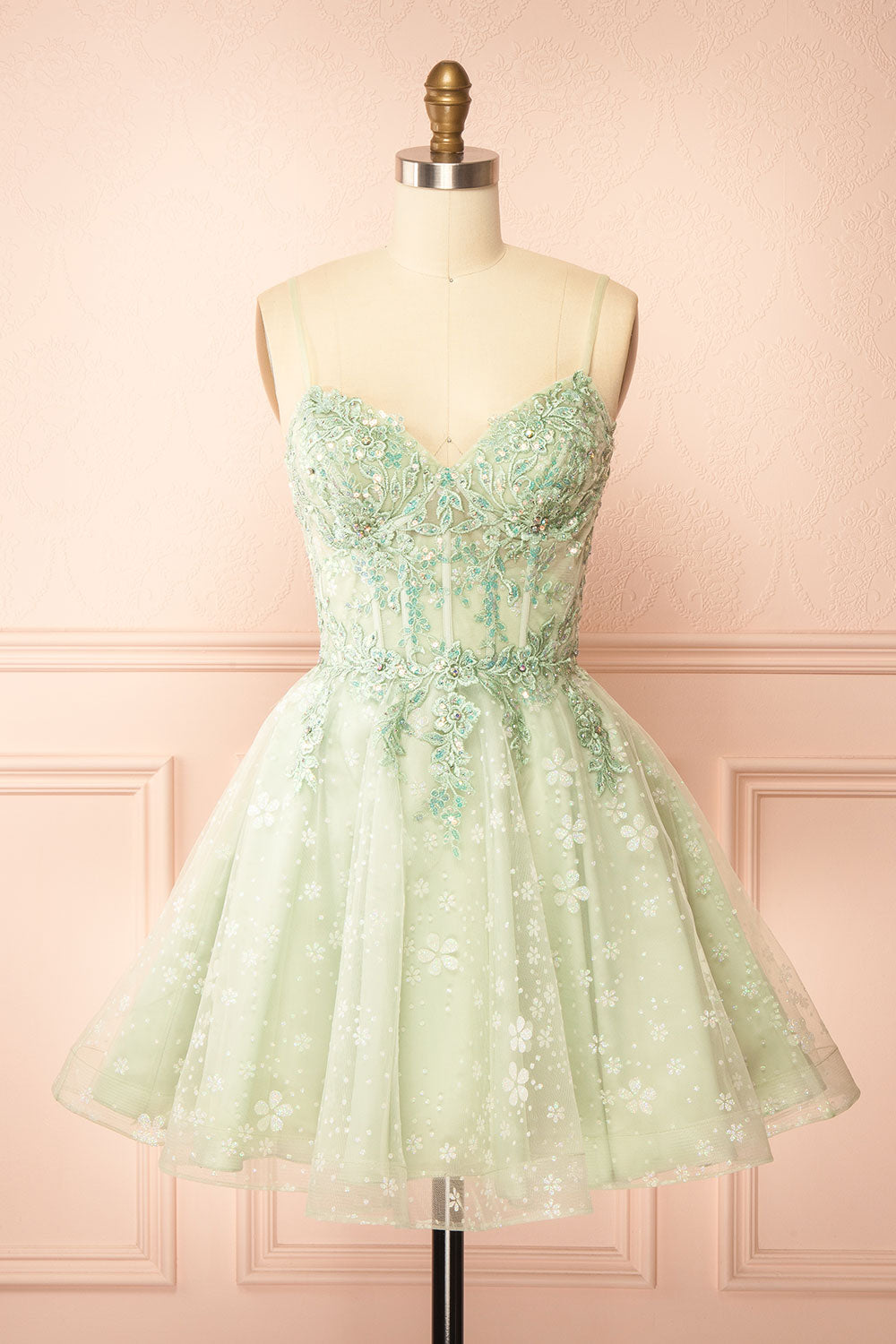 Lettie | Short Floral Green Tulle Corset Dress