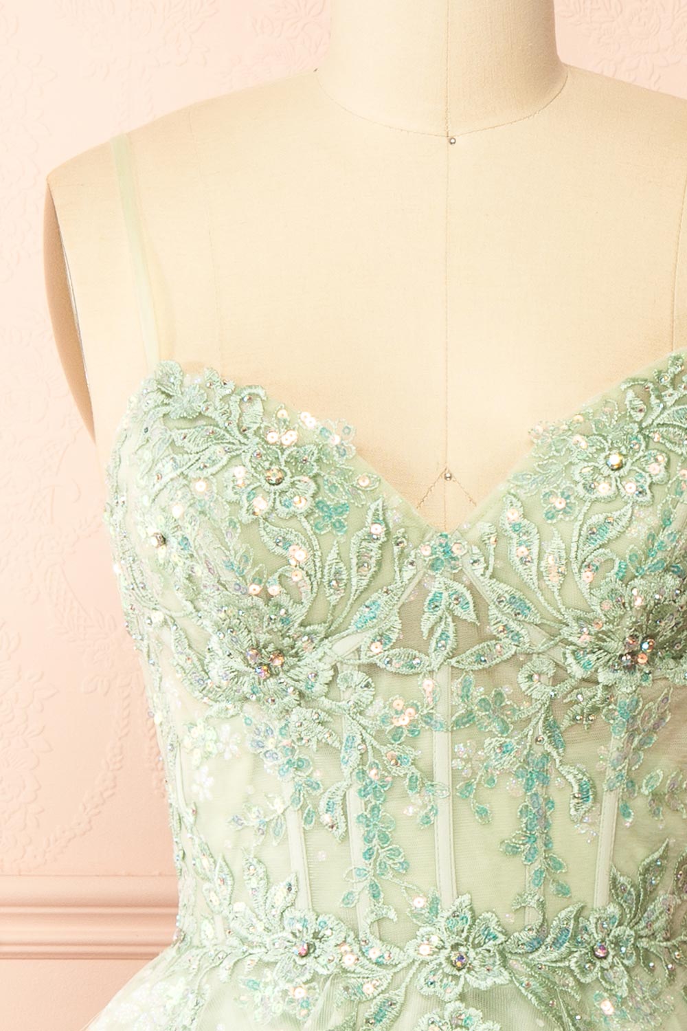 Lettie | Short Floral Green Tulle Corset Dress