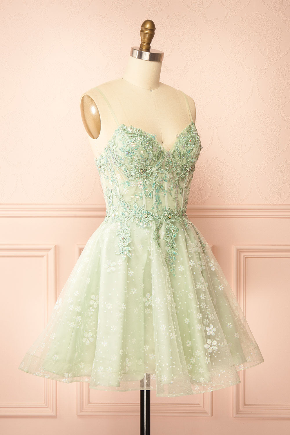 Lettie | Short Floral Green Tulle Corset Dress