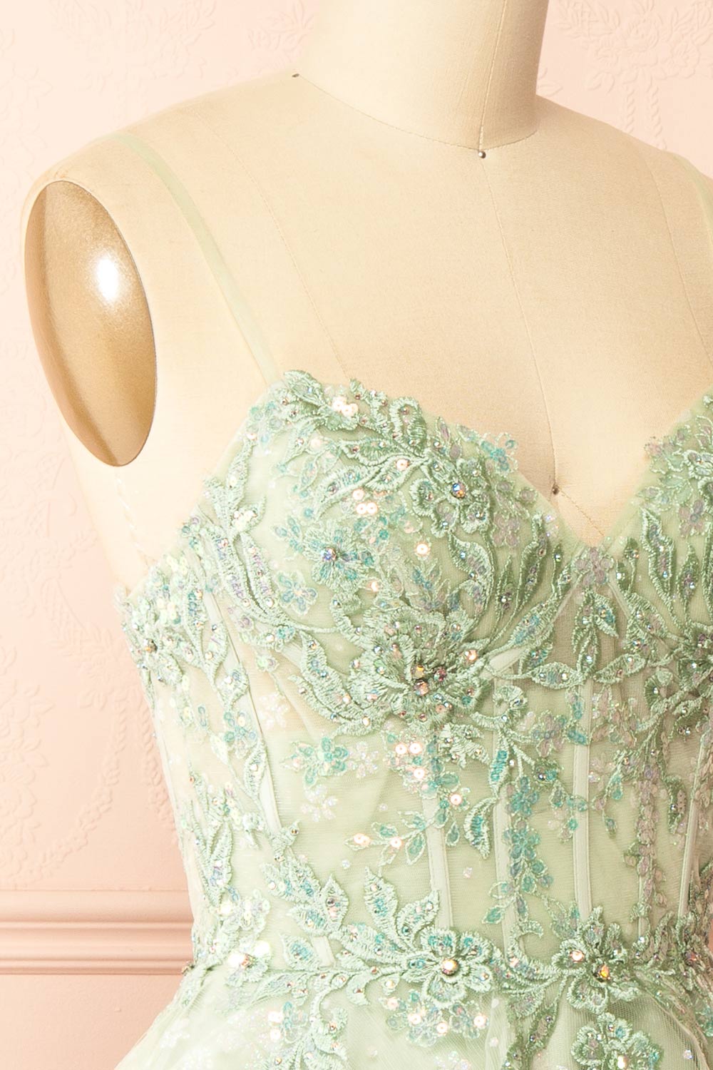 Lettie | Short Floral Green Tulle Corset Dress