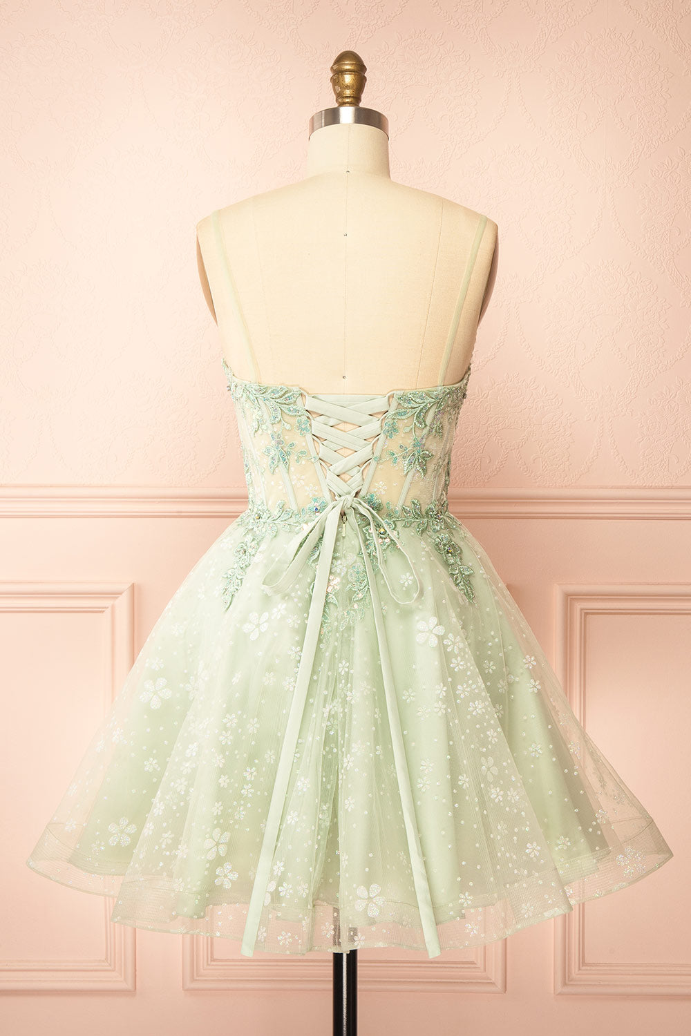 Lettie | Short Floral Green Tulle Corset Dress