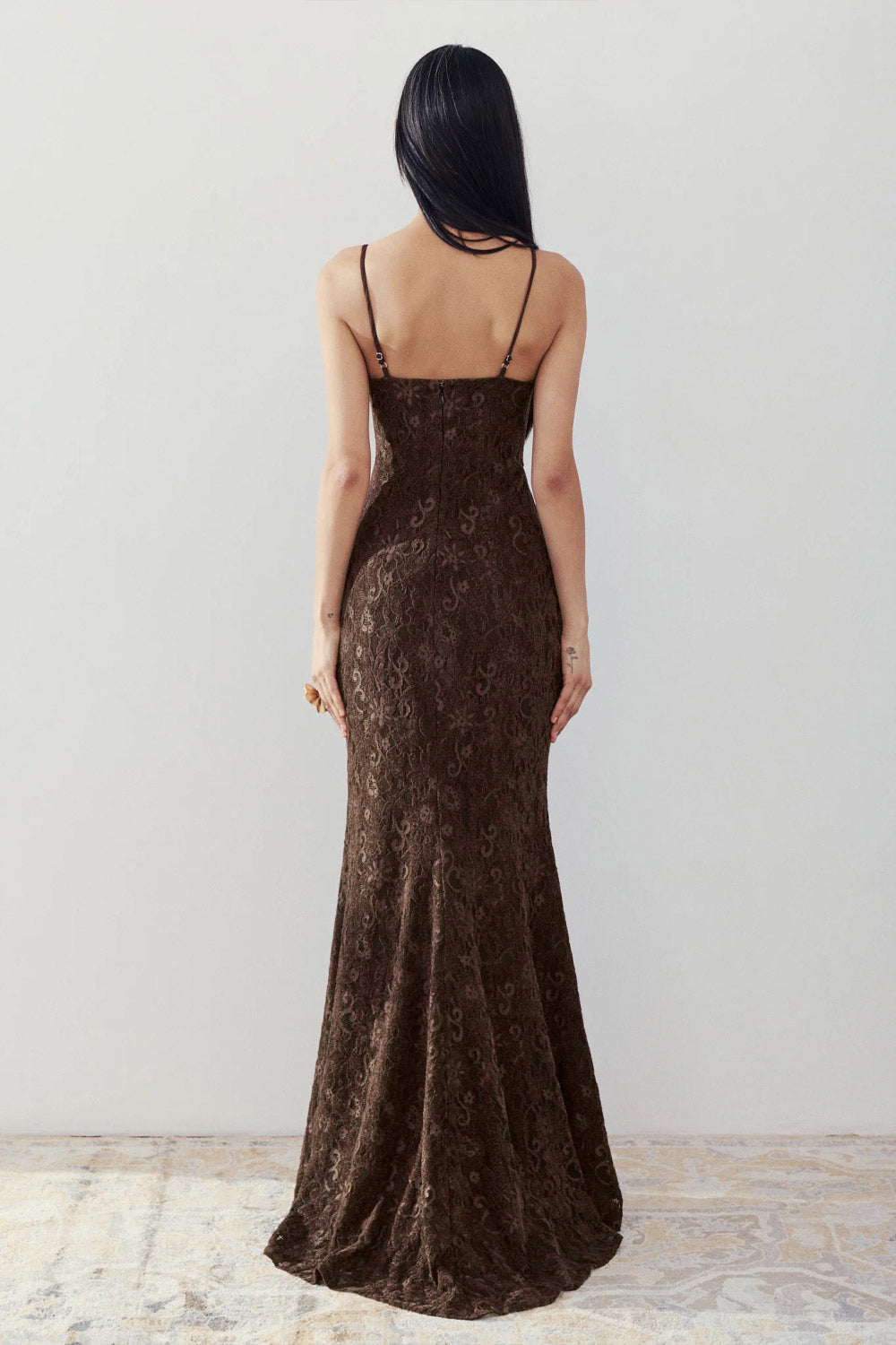 Lianna Brown | Semi-Velvet Lace Maxi Dress with High Slit by Arti Gogna