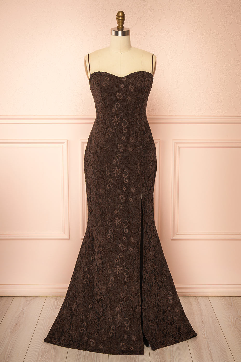 Lianna Brown | Semi-Velvet Lace Maxi Dress with High Slit by Arti Gogna
