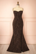 Lianna Brown | Semi-Velvet Lace Maxi Dress with High Slit by Arti Gogna