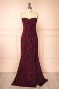 Lianna Burgundy | Semi-Velvet Lace Maxi Dress with High Slit by Arti Gogna