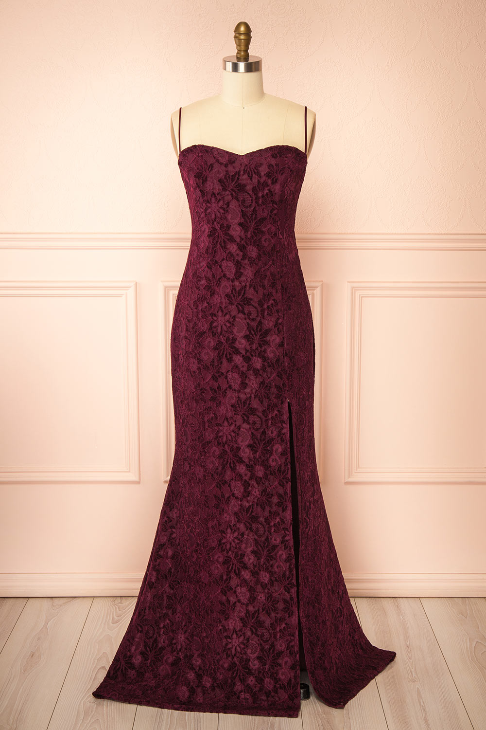 Lianna Burgundy | Semi-Velvet Lace Maxi Dress with High Slit by Arti Gogna