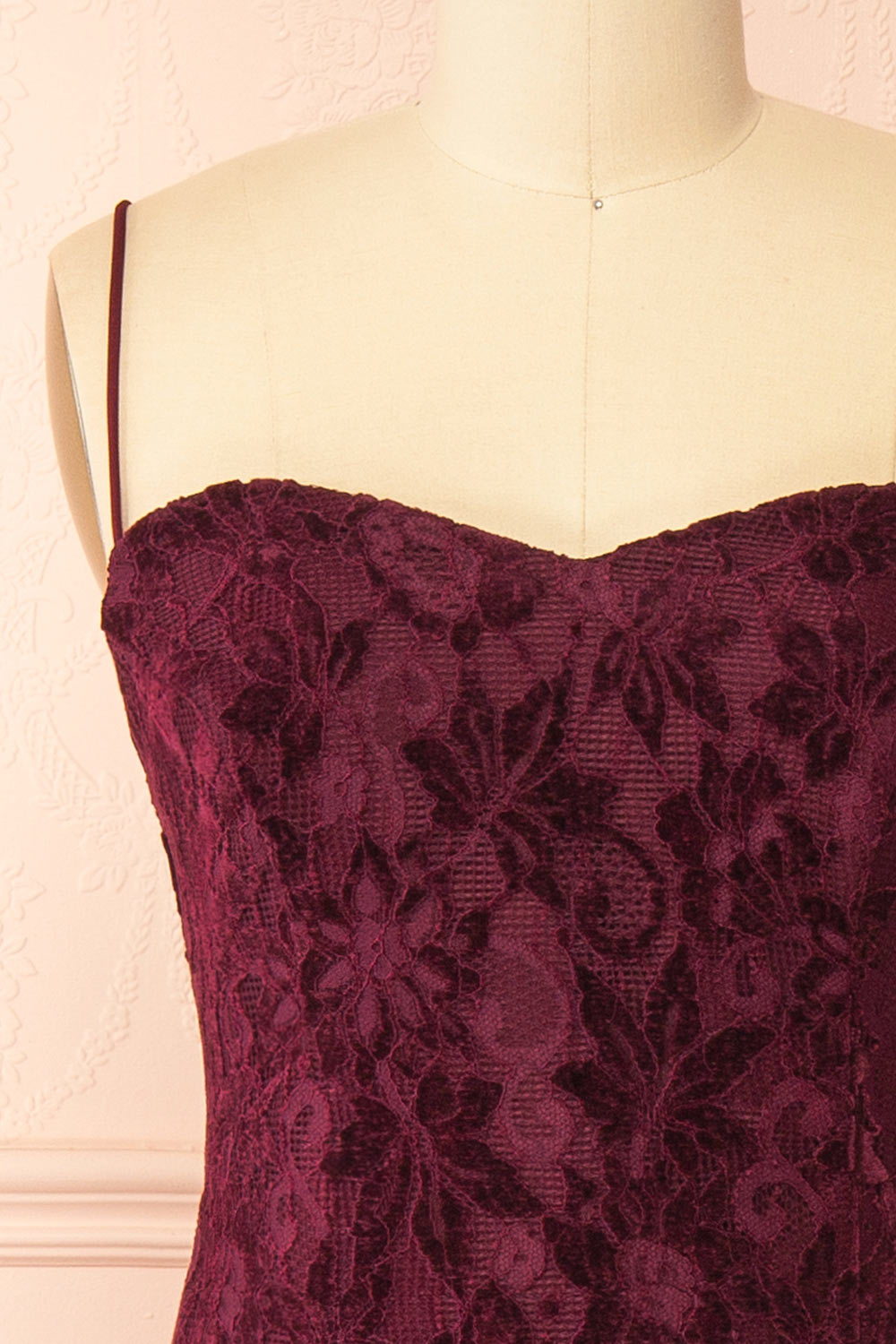 Lianna Burgundy | Semi-Velvet Lace Maxi Dress with High Slit by Arti Gogna