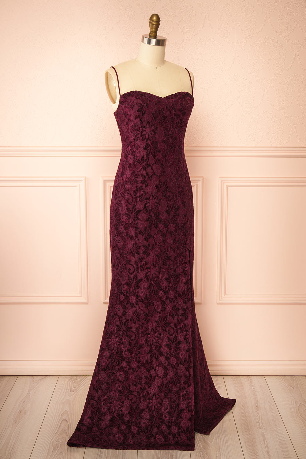 Lianna Burgundy | Semi-Velvet Lace Maxi Dress with High Slit by Arti Gogna