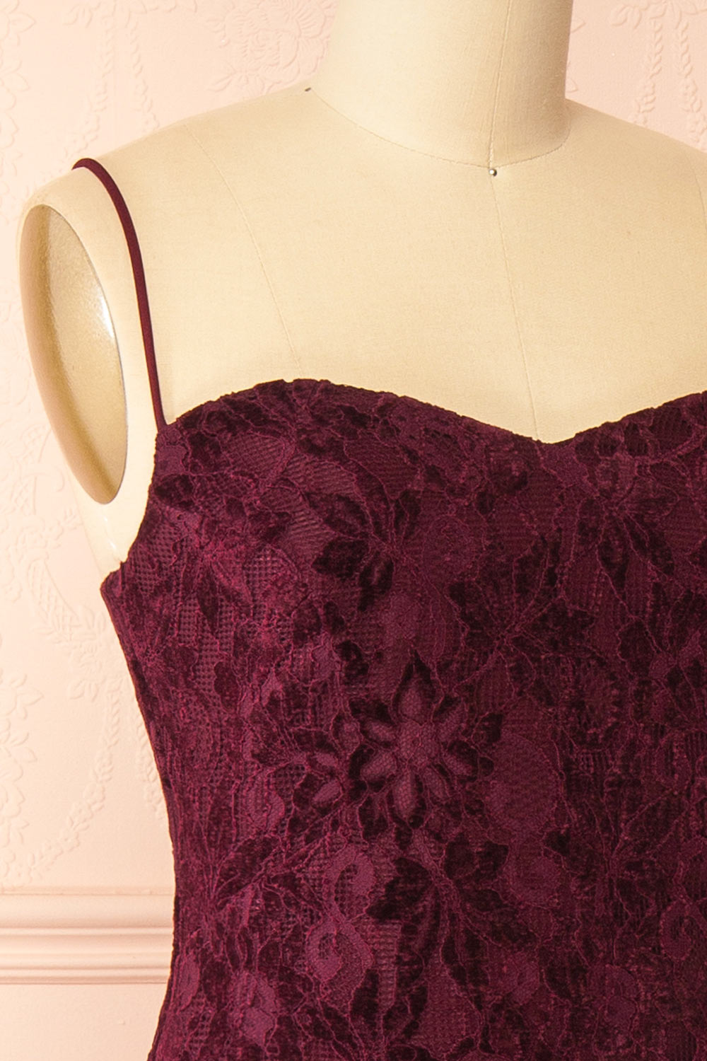 Lianna Burgundy | Semi-Velvet Lace Maxi Dress with High Slit by Arti Gogna