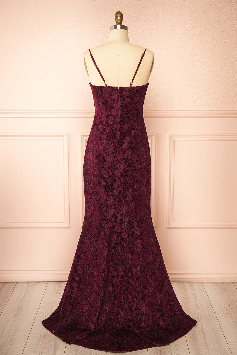 Lianna Burgundy | Semi-Velvet Lace Maxi Dress with High Slit by Arti Gogna