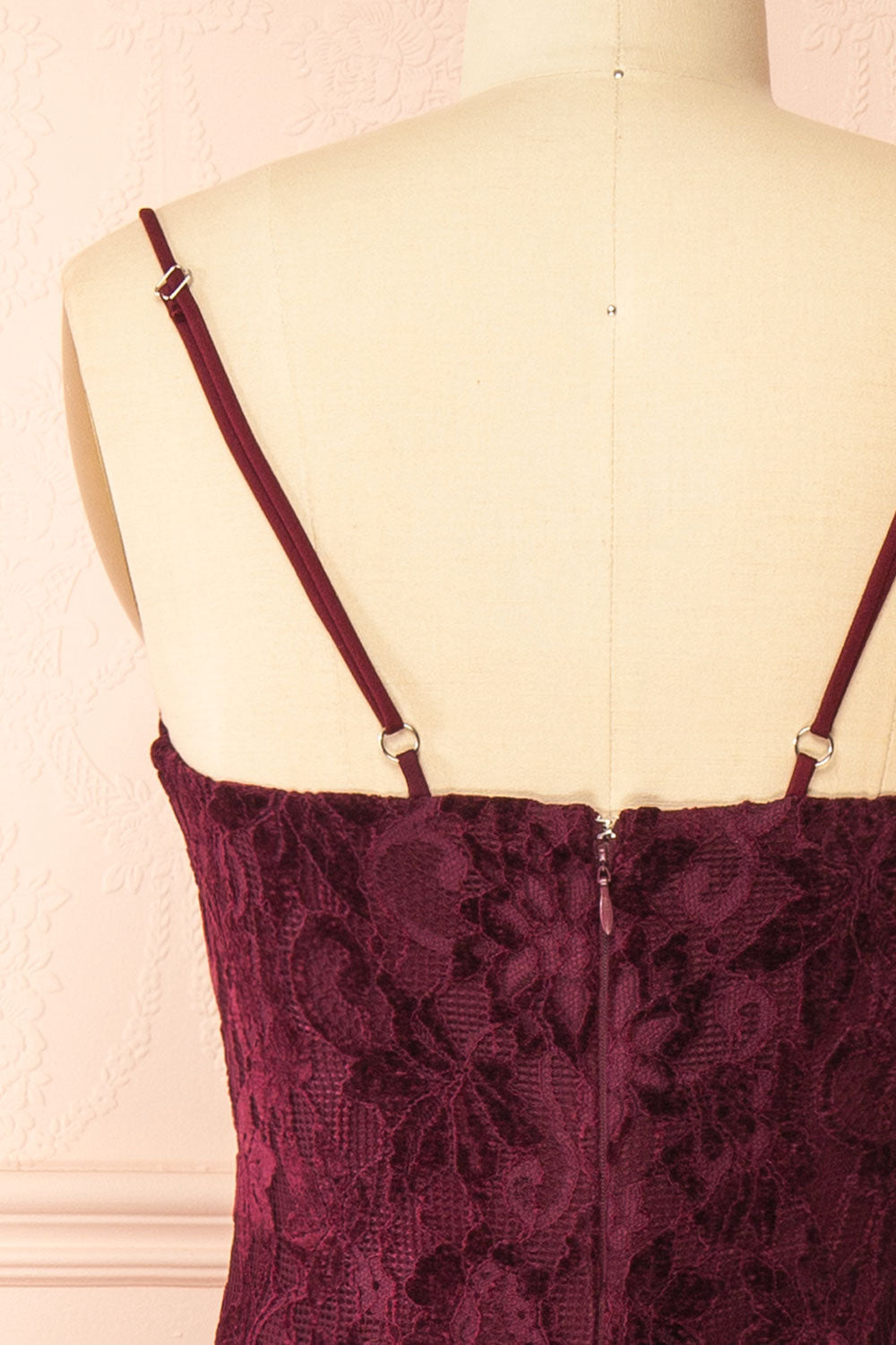 Lianna Burgundy | Semi-Velvet Lace Maxi Dress with High Slit by Arti Gogna