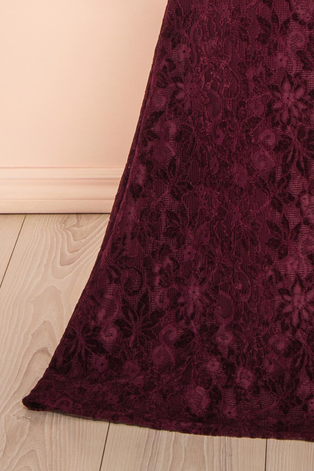 Lianna Burgundy | Semi-Velvet Lace Maxi Dress with High Slit by Arti Gogna