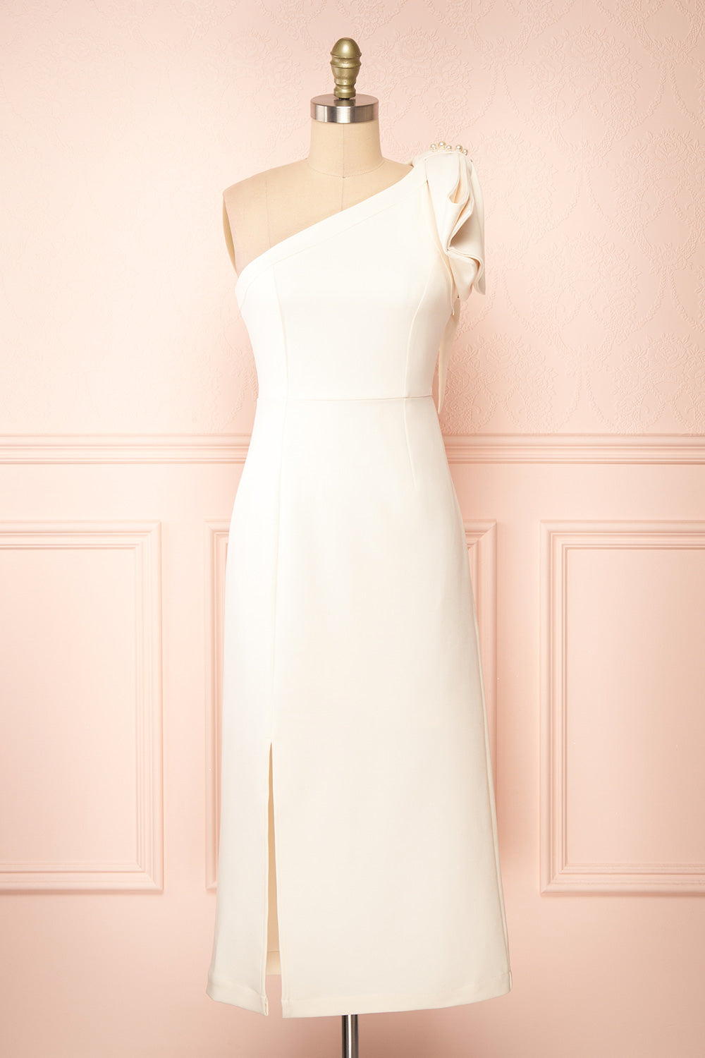 Liliana | One Shoulder Ivory Midi Dress w/ Bow