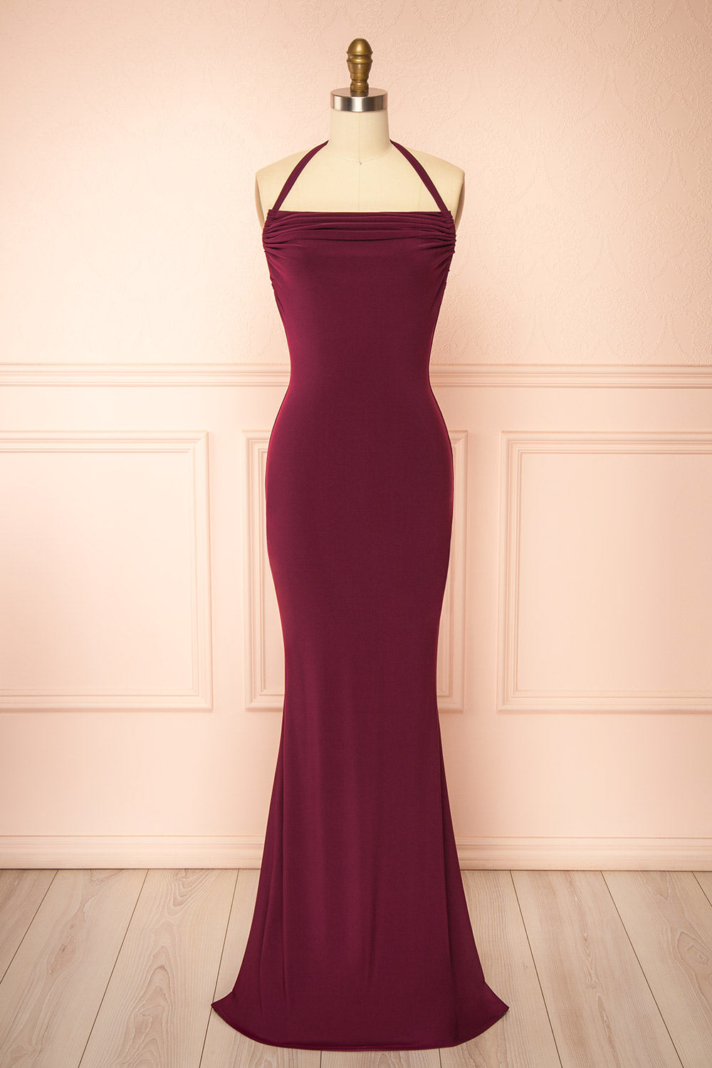 Lindy Burgundy | Fitted Open Back Maxi Dress with Versatile Neckline