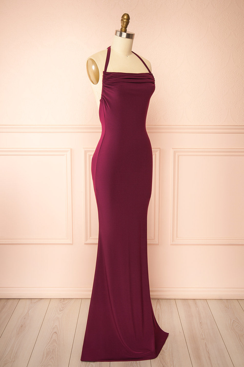 Lindy Burgundy | Fitted Open Back Maxi Dress with Versatile Neckline