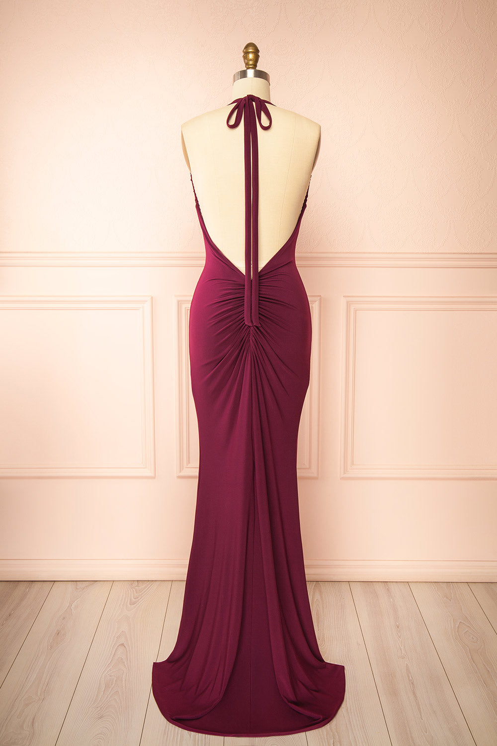 Lindy Burgundy | Fitted Open Back Maxi Dress with Versatile Neckline