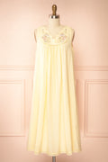 Liore | Yellow Embroidered Floral Trim Cotton Midi Nightgown