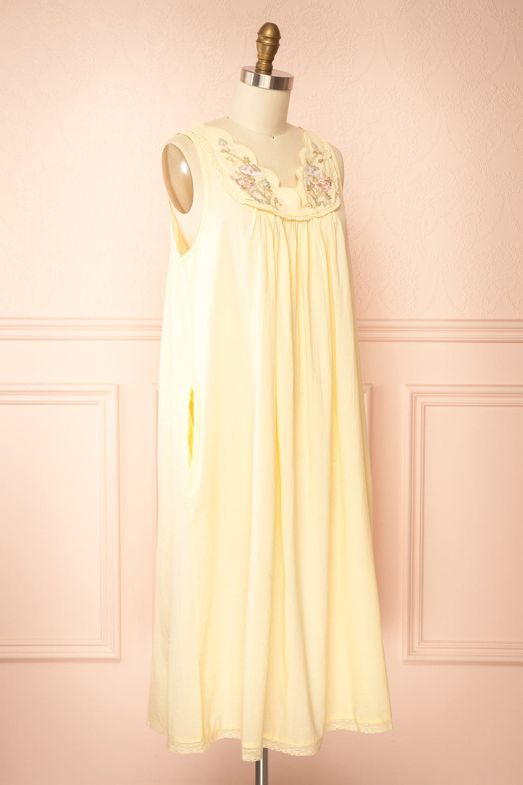 Liore | Yellow Embroidered Floral Trim Cotton Midi Nightgown